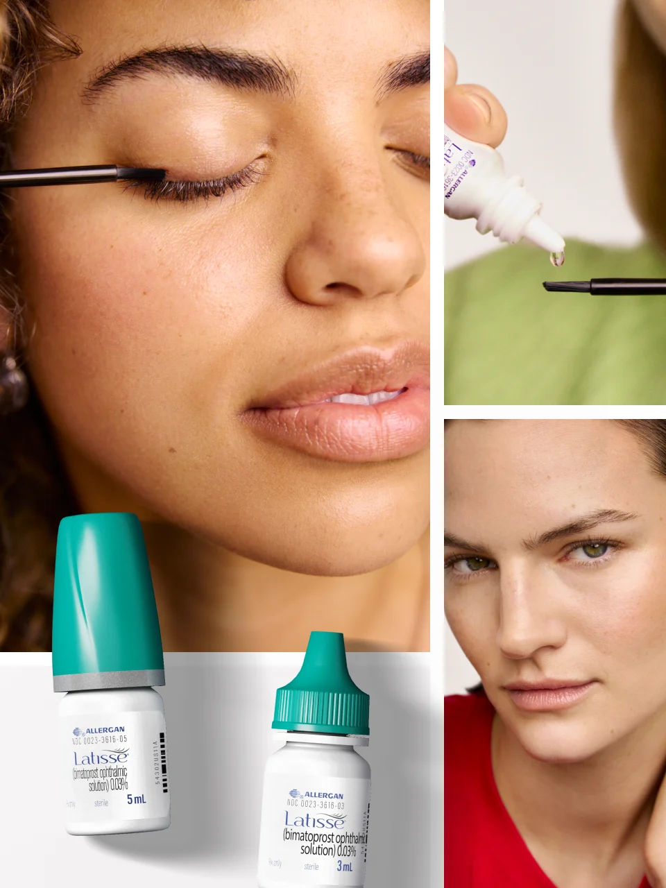 women using Latisse on eyelashes with Latisse bottles on display