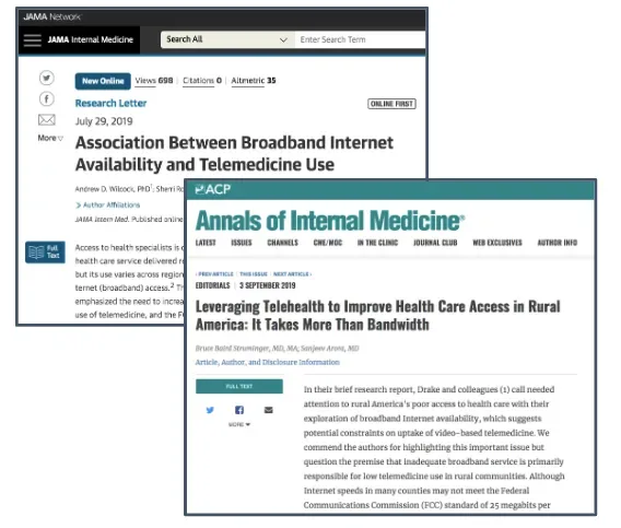 Two 2019 studies published in JAMA and Annals of Internal Medicine found a relationship between broadband availability and telemedicine access.