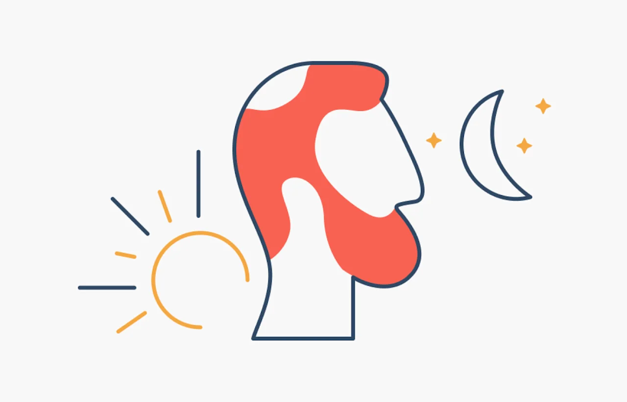 illustration of a balding man, transitioning between day and night
