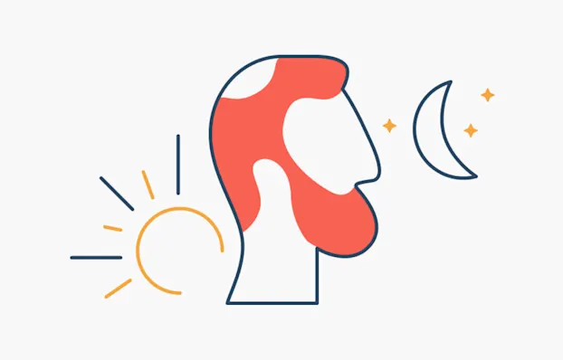 illustration of a balding man, transitioning between day and night