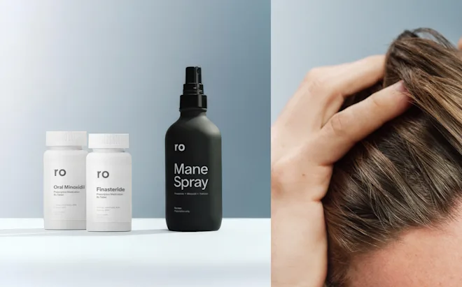 Man waking up in bed and touching his hair with Ro hair-loss product