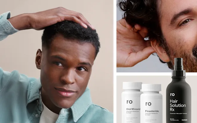 Man waking up in bed and touching his hair with Ro hair-loss product