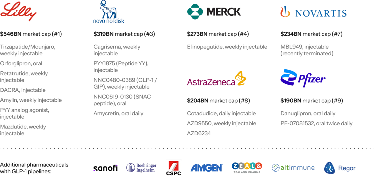 Table of pharma companies working on their own GLP1s.