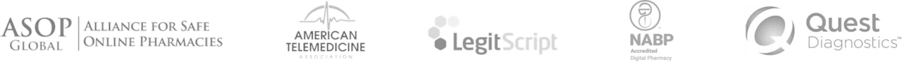 logos for Alliance for Safe Online Pharmacies (ASOP Global), American Telemedicine Association, LegitScript, National Association of Boards of Pharmacy (NABP), and Quest Diagnostics